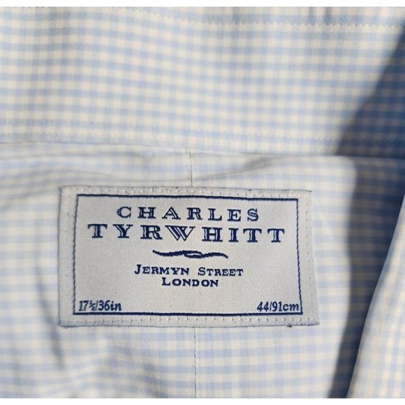 Charles Tyrwhitt London Blue Checkered French Cuff 17 1/2x36 Embroidered Shirt - Picture 11 of 12